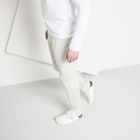 Chodaki damskie Birkenstock Boston ESD White skóra naturalna klapki medyczne narrow wąskie (0061378)